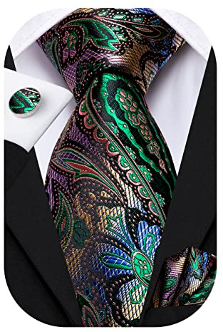 Hi-Tie Mens Green Paisley Tie Set Silk Necktie Woven Paisley Ties with Pocket Square Cufflinks Set for Wedding Party