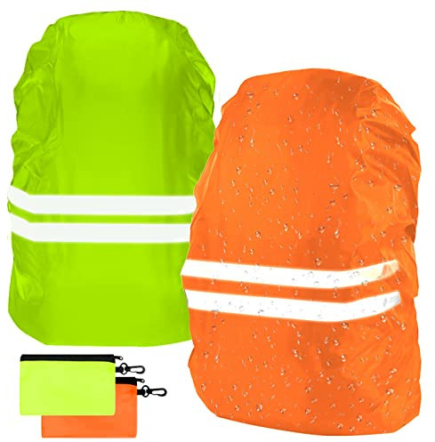 flintronic Backpack Waterproof Cover, 2 Pack Reflective Rucksack Cover, High Visibility Backpack Cover for Cycling, Running & Hiking (S 18-30L, Green & Orange)