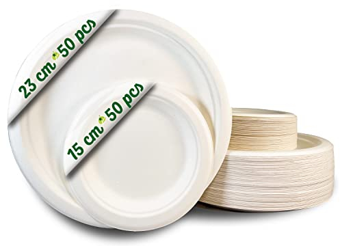 GoBeTree 100 piatti in canna da zucchero 23 e 15 cm: 50 da 23 cm e 50 da 15 cm. Piatti monouso extra resistenti per campeggio, picnic, feste, barbecue, compleanni
