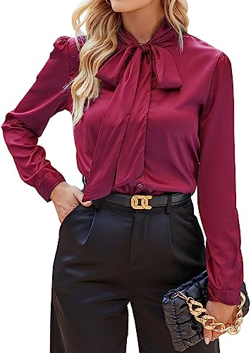 MINTLIMIT Women's Silk Blouses Long Sleeve Satin Button Down Shirt Work Office Elegant Bow Tie Neck Silk Shirts Ladies Top Wine Red