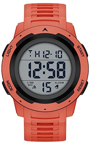 GOLDEN HOUR Mens Waterproof Digital Sport Watches Wide Screen Easy Read Display Military Style with Red Rubber Strap