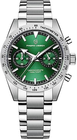 Pagani Design 1766 Homage Herren Chronographen Armbanduhr, Edelstahl, 40 mm Gehäuse, VK64, Quarzuhrwerk, 100 m, wasserdicht, Freizeit Sport Retro Armbanduhr, grün
