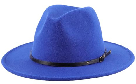 Women Classic Wool Fedora Hat with Belt Buckle Felt Wide Brim Panama Hat (Head Circumference: 22-22.8in Blue)