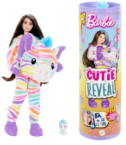 Barbie Cutie Reveal Puppe und Accessoires, Regenbogen-Zebra-Plüschkostüm und 10 Überraschungen mit Farbwechsel, Color Dream-Reihe, HRK39