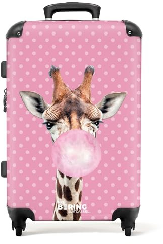 NoBoringSuitcases.com® Cartucce, Valigia rigida con rotelle, trolley, bagaglio a mano, 4 ruote, lucchetto TSA (Giraffa con una gomma da masticare davanti a punti rosa), (Valigia media 67x43x25 cm)
