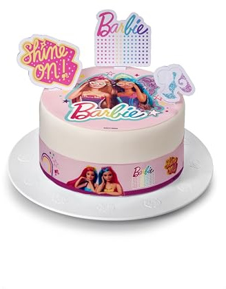Kardasis Barbie ätbar sockerskiva, 20 cm, tårtdekoration, 3 figurer | Barbie ätbar sockerskiva, 20 cm, med 4 remsor 28 x 4 cm och 3 pappersfigurer för födelsedagsdekoration