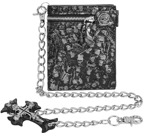 Girinme Unisex Gothic Punk Skull Chain Wallet - Bifold Faux Leather, Halloween Goth Accessories - Silver