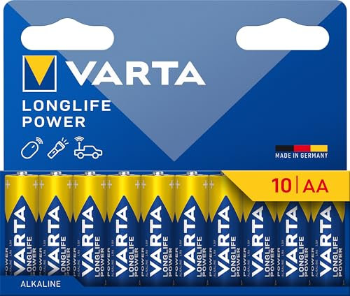 VARTA Pile AA, confezione da 10, Longlife Power, Alcaline, 1,5V, ideale per giocattoli, mouse wireless, torce elettriche, imballaggio riciclato al 90%, Made in Germany