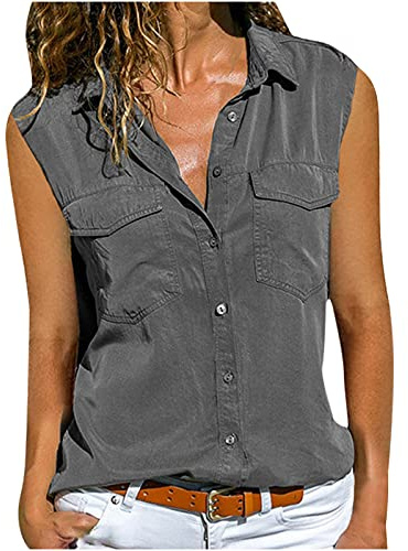 Camisa sin Manga Mujer Verano Moda Color sólido Chaleco Blusa Camisola Elegante Camisetas de Tirantes Ligero Transpirable Tank Tops Cuello en V Botones Fiesta Oficina Camisa Suelto tee