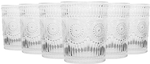 Argon Tableware Amore Glass Tumblers - 300ml Pack of 6 Decorative Drinking Cups - Elegant Sunflower Design Clear Glassware for Water, Whiskey, Cocktails, Juice, Soda, Bars, Restaurants & Dining