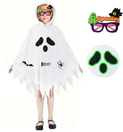 Kinwers Deguisement Fantome Enfant,Cape Blanche Peur Halloween Costume Lunettes Lumineuses Garcon Fille ans S110-120cm