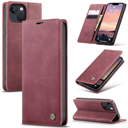 Samokor Fodral för iPhone 13 5G PU läderfodral Flip | Flip Case Mobilbokfodral Plånbok Kortplats Stativfunktion ställ Magnetisk Stötskydd för iPhone 13,Vinröd