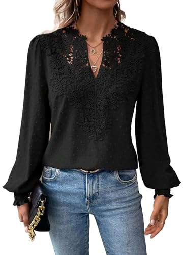 TUUHAW Top Donna Elegante Scollo a V T Shirt Primavera Manica Lunga Casuale Bohémien Volant Camicetta Camicia Ampia Abbigliamento Bluse Colore Puro Maglie Contadino Basic Lavoro Blusa Nero S