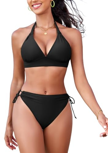 FemiChic Bikini dam set triangel topp med knut detalj sträng nackhållare bikinitop för stora bröst avtagbara dynor baddräkt retro sport, svart, L
