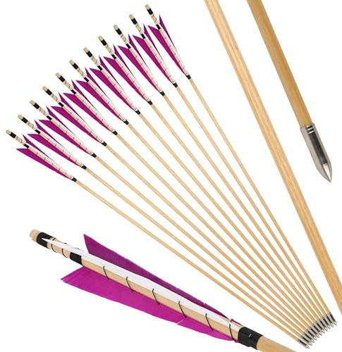 surwolf 31” bågskyttepilar av trä, traditionellt handgjorda, med 6” kalkonfjäder, OD8.5mm träskena, jaktmål för långbåge/recurvebåge hästbåge 6&12 st. (rosaröd, 12pcs)