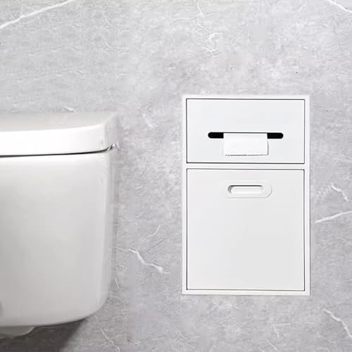 Nicho de Ducha de Acero Inoxidable con Soporte para Papel higiénico, Estante Empotrado de Pared y Cubo de Basura basculante para baño y Dormitorio (30 x 50 x 14 cm, Blanco)