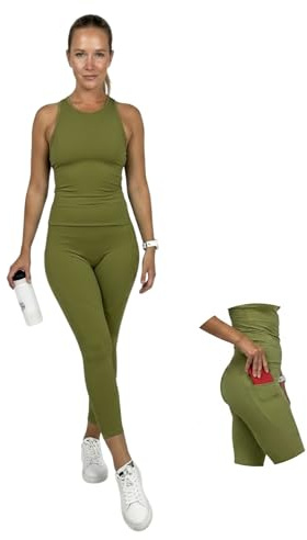 Ballandoro Completo Palestra Donna - Set Leggins Sportivi Push Up e Tank Top Sportivo, Tuta Completa Pantaloncini Workout e Canotta Fitness, Abbigliamento da Yoga Running Pilates (Verde Cachi, XL)