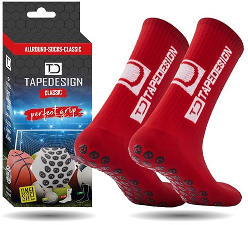 Tapedesign - Classic 1 Pair Non-Slip Football Grip Socks Red (Size 5-14) for Men, Women & Kids - Soccer Socks for Adults & Youth (Unisex) - Anti-Slip Sport Socks for Basketball, Tennis & Running