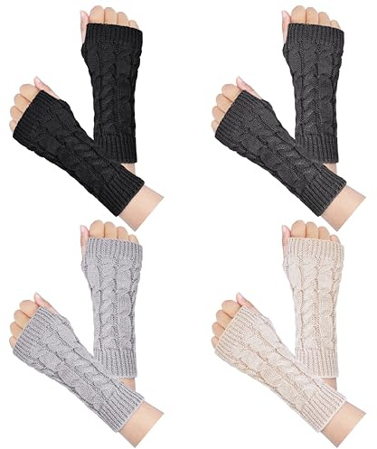 Loritta Womens Fingerless Gloves Winter Warm Knit Crochet Thumbhole Arm Warmers,A4-beige/Light Grey/Dark Grey/Black(4 pairs)