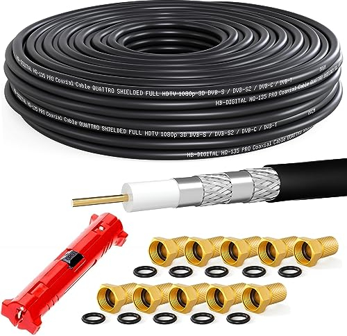 HB-DIGITAL 30m câble coaxial Sat HQ-135dB Pro INCL. Pince à dénuder + 10 fiches F plaquées Or | d'antenne Satellite Quadruple blindé pour systèmes Radio BK DVB-S/S2 DVB-C/C2 DVB-T/T2 Dab+., Noir