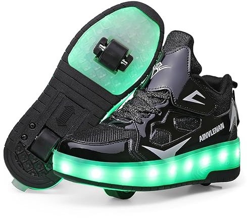 YongerYong LED-remsor rullskridskor med dubbla hjul för barn, automatiska infällbara skateboardskor, utomhussport, gymnastiksneakers, Svart1, 33 EU