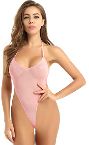 Oyolan Dam sexig stringbody spets mikrobikini snöre halterneck erotisk underkläder body V-hals dekolletage dykning monokini baddräkt, Typ B ljusrosa, One size