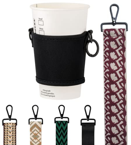 80 Oak Cupholder NEU. Tasche für Kaffeebecher und Flasche zum Umhängen. Ideal für Becher und Trinkflaschen Aller Art (Schwarz, Muster Rot)