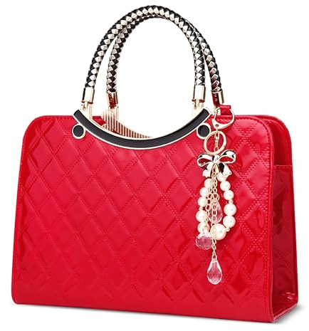 DIRRONA Women’s Handbag Shoulder Bag – Quilted Glossy PU Leather Top-Handle Bags with Elegant Pearl Charm, Ideal for Wedding, Parties & Daily Use Fiery Red