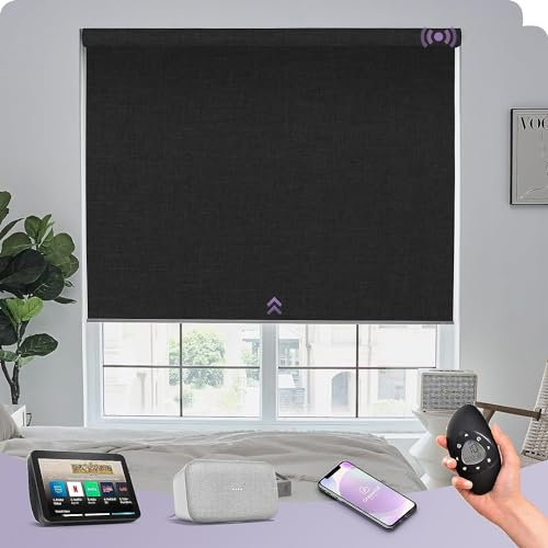 Graywind Customised Smart Blackout Roller Blinds Compatible with Alexa Google, Thermal Insulated Rechargeable Electric Blinds with Remote, Triple Weaved Fabric Motorised Window Shades, Matt Black