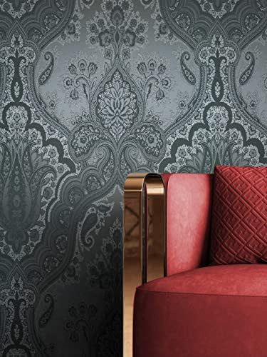 NEWROOM Tapet Svart Vliestapet Barock Ornament - Glamour Lyxig Mönster med Silver Glans för Vardagsrum Sovrum