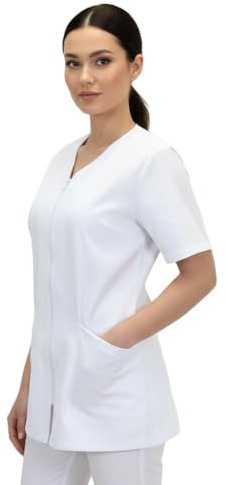 Casacca, Camici da Lavoro Donna con Zip,Bianco,Cotone, Estetista,parrucchiera, MAESTRA Asilo,Alimentari (M, Bianco)