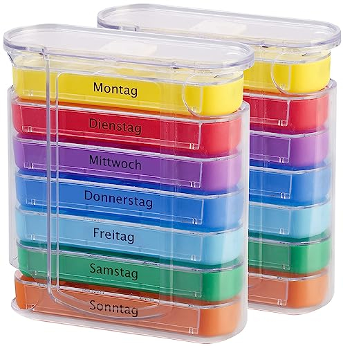newgen medicals Medikamentenbox: 2er-Set bunte Medikamenten-Boxen für 7 Tage, je 4 Fächer, beschriftet (Pillenbox, Pillendose, Medikament)
