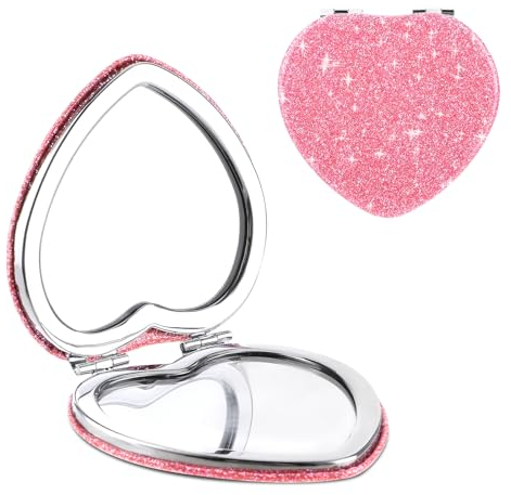 Dimeho Specchio compatto pieghevole a forma di cuore, mini specchio cosmetico portatile da viaggio per borsa, doppio lato, carino specchio cosmetico glitterato per donna borsa portafoglio casa ufficio