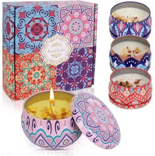 Duftkerzen Geschenke für Frauen, 4 Stück Duftkerzen Geschenkset, Natürliches Sojawachs Aromatherapie Kerzen Set für Geburtstag Weihnachten Muttertagsgeschenke