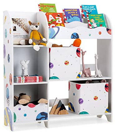 COSTWAY Armario para Niños, Armario Organizador con 3 Niveles y 5 Compartimientos, 2 Cajones de Tejido y 3 Espacios para Juguetes y Libros, Estante Vertical para Niños, Tema Universal (Astronautas)