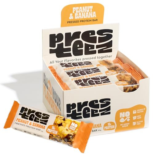 Presteez Peanut & Banana Gut Friendly 50g Energy Bars - No Added Sugar or Sweeteners, Gluten Free, High Fibre, Protein Enhanced Healthy Snacks, 10g Protein, 8g Fibre, 12 Pack