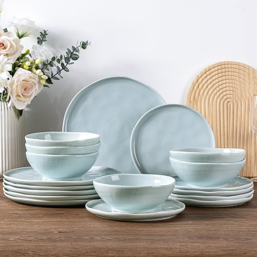 LeRatio Geschirrset für 6 Personen, 18-tlg Steingut Geschirr Set, Kratzfestes- Schüssel- und Teller-Set, Ofen-, Spülmaschinen- und Mikrowellenfestes (Bach-Grün, 18 Teile Set)