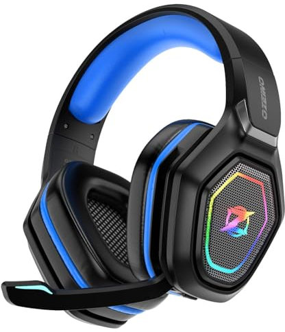 Ozeino Cuffie Gaming Wireless per PC/Ps5/Ps4, 2,4GHz Wireless+5.3 Bluetooth, Cuffie con Microfono 7.1 Qualità Audio Senza Perdita di Bassa Latenza, Durata di Oltre 30+ Ore, Nero e blu