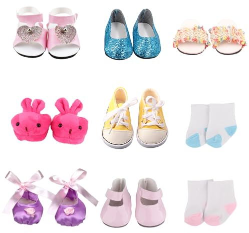 18 Inch Doll Shoes 7 Pairs of Doll Shoes 2 Socks 18 inch Doll Accessories Includes Sandals Ballet Flats Sequin/Sports/Princess/Bunny Shoes for 30-45 cm Doll Girls Boy Birthday Present