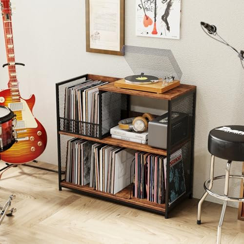 GOPLUS Meuble Platine Vinyle 3 Niveaux pour 300 Albums, 83 x 36 x 76,5 CM, Support de Tourne-disques avec3 Séparateur Amovible et Structure Métallique, Étagère Rangement pour Vinyle pour Salon, Studio
