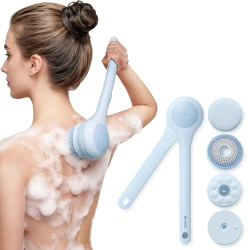 Électrique Brosse Dos, Oh,XIYU. Brosse Corps, Brosse dos Douche avec Long Manche 40cm pour Le Dos avec Manche Long pour Femme Homme Exfoliant, Nettoyage De La Peau, Massage, Rechargeable, Bleu