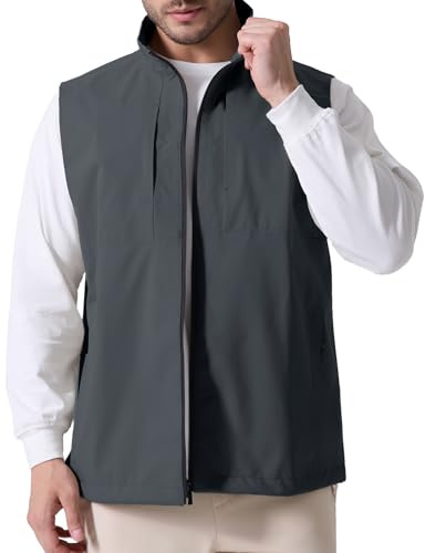 Susclude Men's Quick Dry Lightweight Softshell Vest Windproof Sleeveless Jacket for Fishing Work Golf Hiking Casual Travel Running Deep Grey