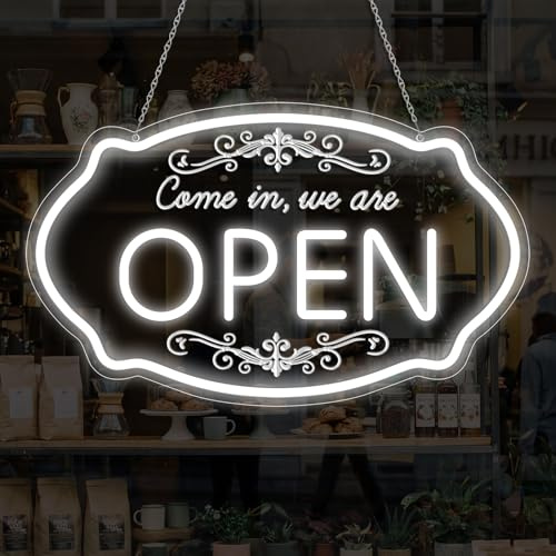 LED Open Sign for Business, 16.5 x 10 Dimmable Come In, We're Open Neon Sign, 5V USB Powered Daylight White LED Sign for Store, Shop Window, Bar, Salon, Restaurant, Coffee Shop, Hotel
