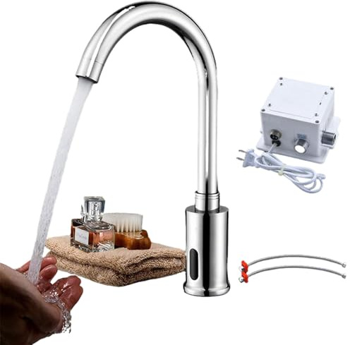 Rubinetto Con Sensore A Infrarossi, Rubinetto Automatico Con Miscelatore Bagno Lavabo Alto 32 Cm, Rubinetto Senza Contatto Battery Ottone Antibatterico Resistente Alla Corrosione (Acqua Fredda)