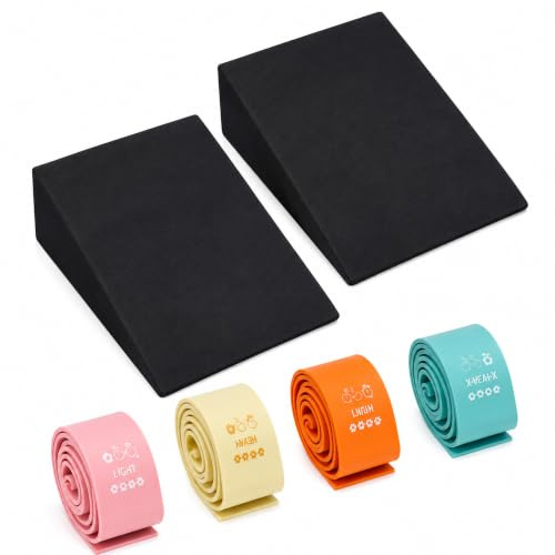 Lot de 2 étireurs de mollet – Squat Wedge avec 4 bandes de fitness, étireur de mollet et cale de genou pour étirer les muscles et les fascias, planche inclinée pour squats, soulevés de terre et yoga