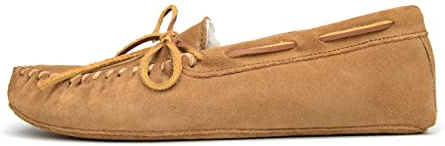 Minnetonka Women's Sheepskin Soft Leather Sole Leather Sole Moccasin Slipper 8 M Tan