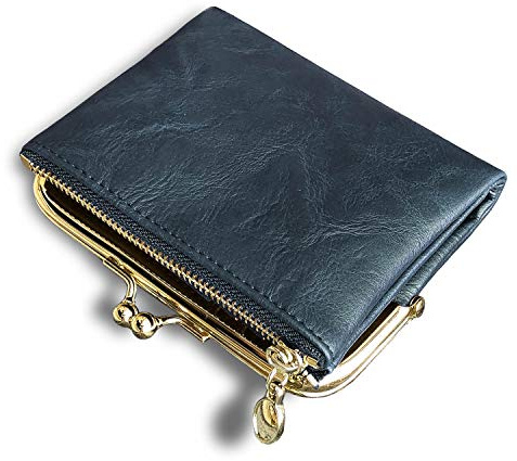 AOXONEL Womens Wallet Small Rfid Ladies Compact Bifold Leather Vintage Coin Purse With Zipper and Kiss Lock (Blue)
