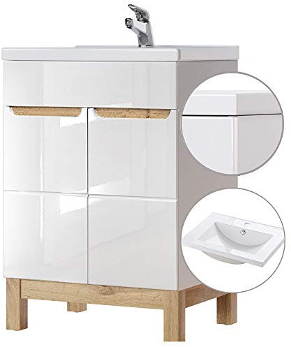 Lomadox Badezimmer Waschtisch Set mit 61cm Keramik-Waschbecken, Unterschrank Hochglanz weiß & Wotaneiche, B/H/T 61/85/46cm