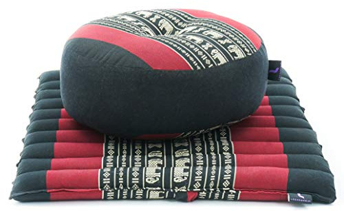 Leewadee Meditation Cushion Set – 1 Small Zafu Yoga Pillow and 1 Small Roll-Up Zabuton Mat Filled with Kapok, Black Red