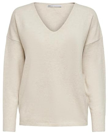 ONLY Damen Struktur Strickpullover V-Ausschnitt Sweater Lockerer Pullover Langarm Oberteil ONLRICA Life, Farben:Creme, Größe:M